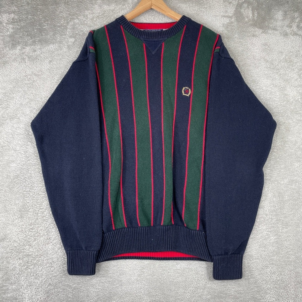 Vintage‎ 90s Tommy Hilfiger Sweater Mens Medium Blue Striped Retro Crest Logo